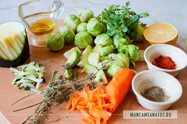 ingrediente pentru salata de varza de Bruxelles, cu busuioc verde